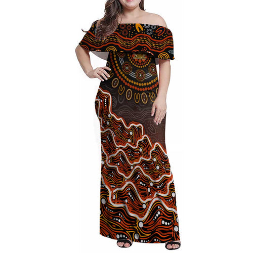 Perth Scorchers Cricket Mascot Family Matching Off Shoulder Maxi Dress and Hawaiian Shirt Aboriginal Dot Art Orange And Black Tribal Pattern