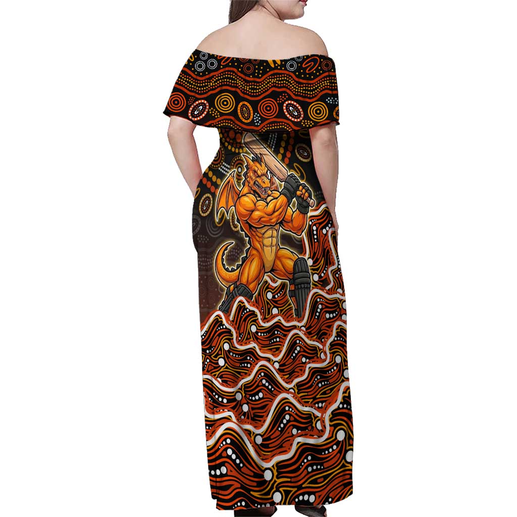 Perth Scorchers Cricket Mascot Family Matching Off Shoulder Maxi Dress and Hawaiian Shirt Aboriginal Dot Art Orange And Black Tribal Pattern
