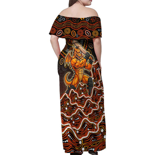 Perth Scorchers Cricket Mascot Family Matching Off Shoulder Maxi Dress and Hawaiian Shirt Aboriginal Dot Art Orange And Black Tribal Pattern