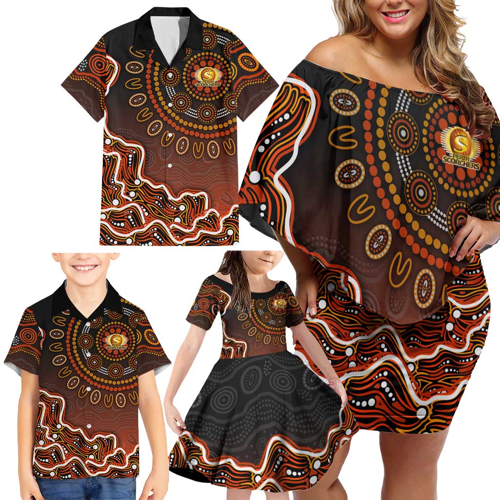 Perth Scorchers Cricket Mascot Family Matching Off Shoulder Short Dress and Hawaiian Shirt Aboriginal Dot Art Orange And Black Tribal Pattern