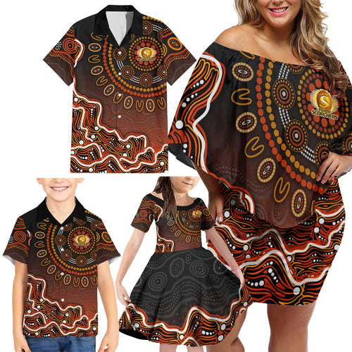 Perth Scorchers Cricket Mascot Family Matching Off Shoulder Short Dress and Hawaiian Shirt Aboriginal Dot Art Orange And Black Tribal Pattern