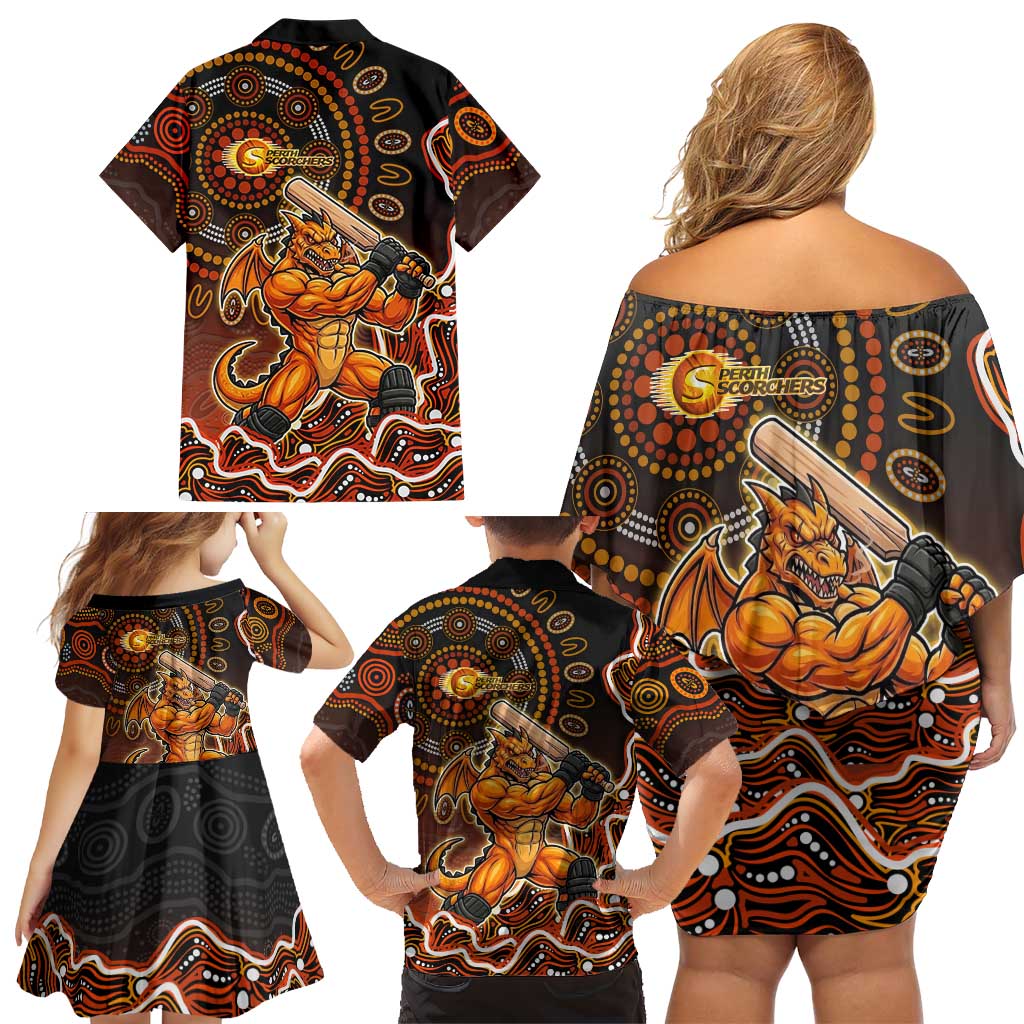 Perth Scorchers Cricket Mascot Family Matching Off Shoulder Short Dress and Hawaiian Shirt Aboriginal Dot Art Orange And Black Tribal Pattern