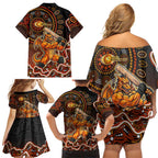 Perth Scorchers Cricket Mascot Family Matching Off Shoulder Short Dress and Hawaiian Shirt Aboriginal Dot Art Orange And Black Tribal Pattern