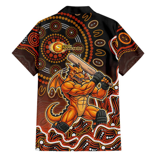 Perth Scorchers Cricket Mascot Family Matching Off Shoulder Short Dress and Hawaiian Shirt Aboriginal Dot Art Orange And Black Tribal Pattern