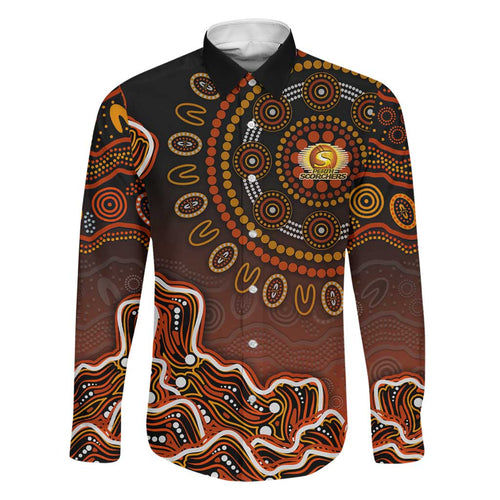 Perth Scorchers Cricket Mascot Family Matching Off Shoulder Short Dress and Hawaiian Shirt Aboriginal Dot Art Orange And Black Tribal Pattern