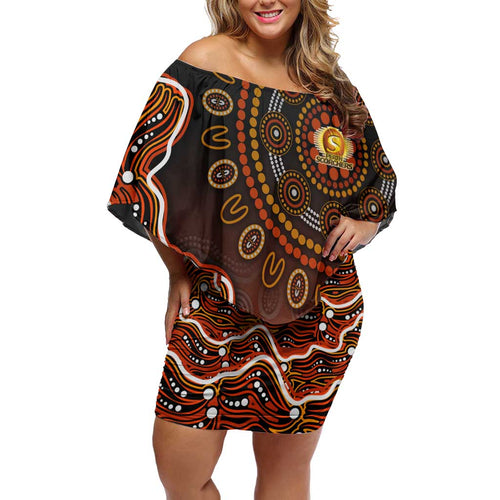 Perth Scorchers Cricket Mascot Family Matching Off Shoulder Short Dress and Hawaiian Shirt Aboriginal Dot Art Orange And Black Tribal Pattern