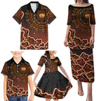 Perth Scorchers Cricket Mascot Family Matching Puletasi and Hawaiian Shirt Aboriginal Dot Art Orange And Black Tribal Pattern