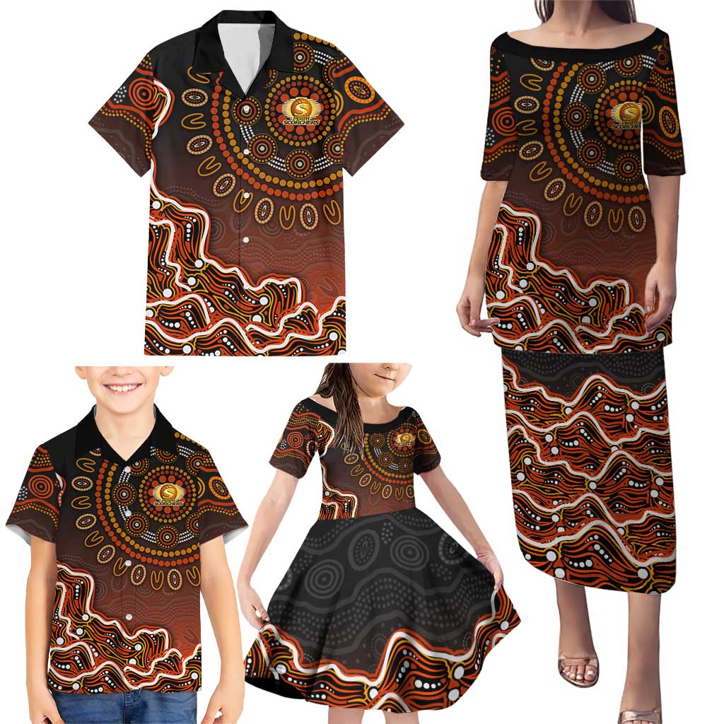 Perth Scorchers Cricket Mascot Family Matching Puletasi and Hawaiian Shirt Aboriginal Dot Art Orange And Black Tribal Pattern