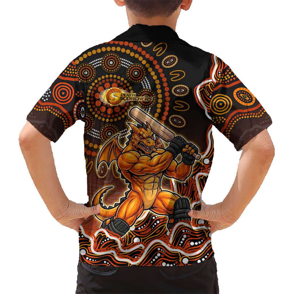 Perth Scorchers Cricket Mascot Family Matching Puletasi and Hawaiian Shirt Aboriginal Dot Art Orange And Black Tribal Pattern