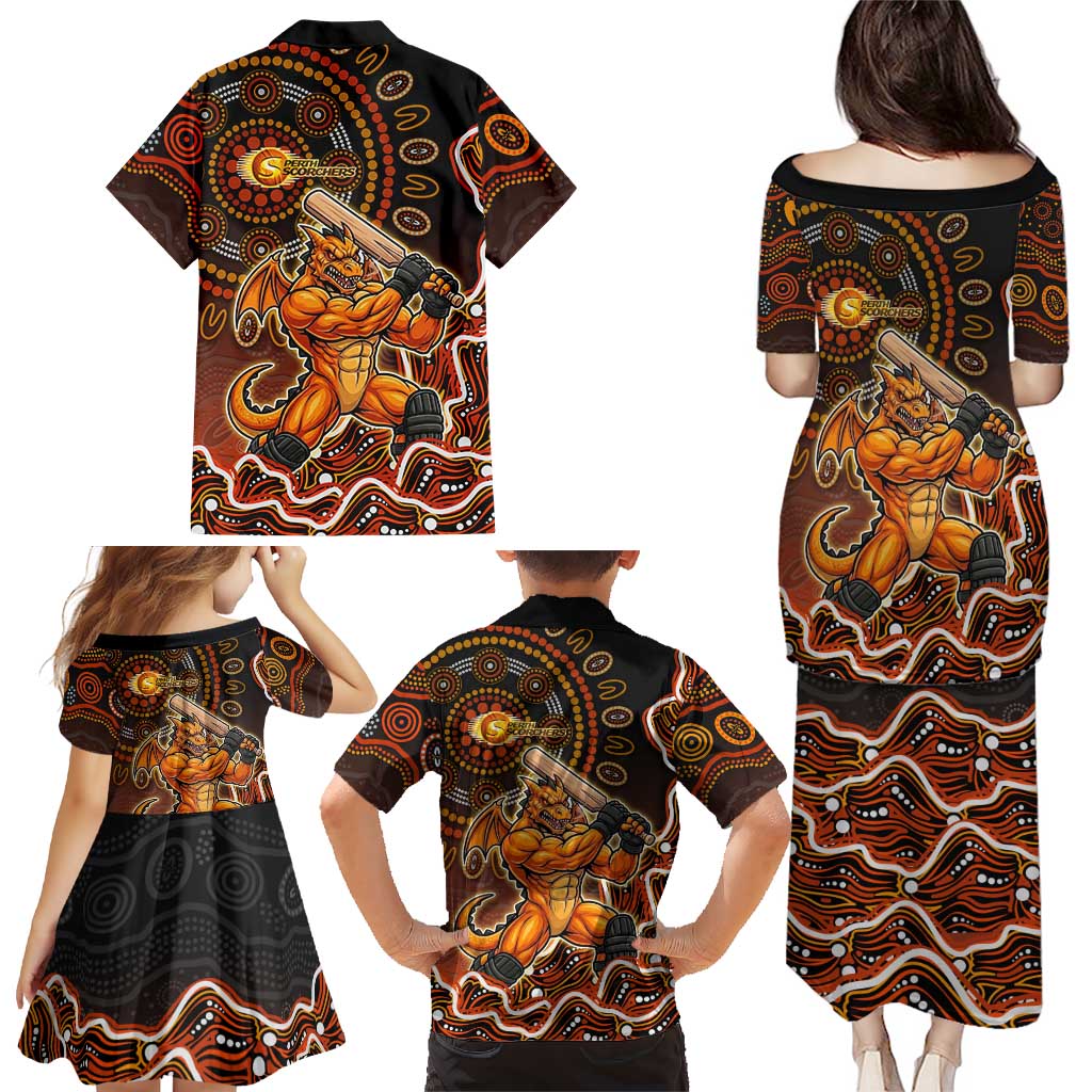 Perth Scorchers Cricket Mascot Family Matching Puletasi and Hawaiian Shirt Aboriginal Dot Art Orange And Black Tribal Pattern