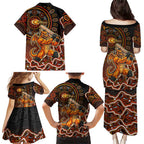 Perth Scorchers Cricket Mascot Family Matching Puletasi and Hawaiian Shirt Aboriginal Dot Art Orange And Black Tribal Pattern