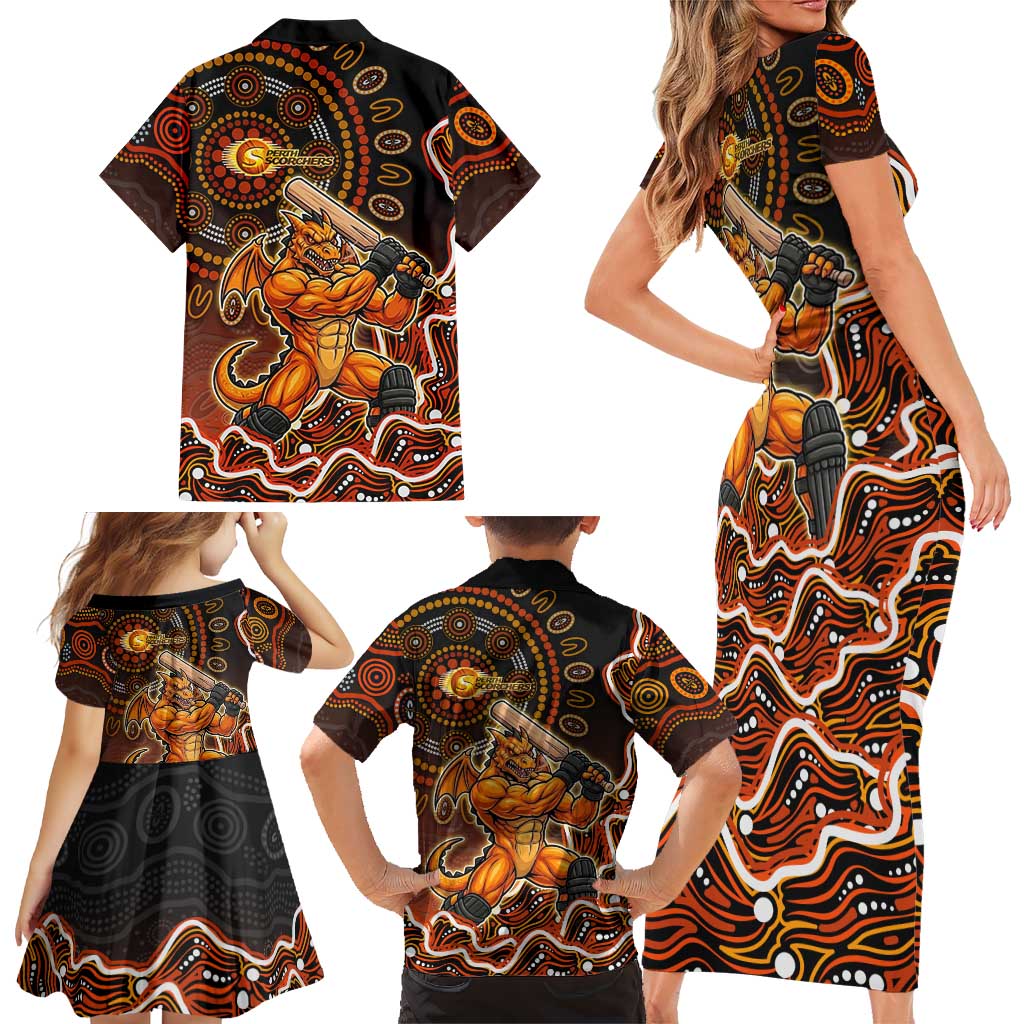 Perth Scorchers Cricket Mascot Family Matching Short Sleeve Bodycon Dress and Hawaiian Shirt Aboriginal Dot Art Orange And Black Tribal Pattern