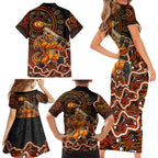 Perth Scorchers Cricket Mascot Family Matching Short Sleeve Bodycon Dress and Hawaiian Shirt Aboriginal Dot Art Orange And Black Tribal Pattern