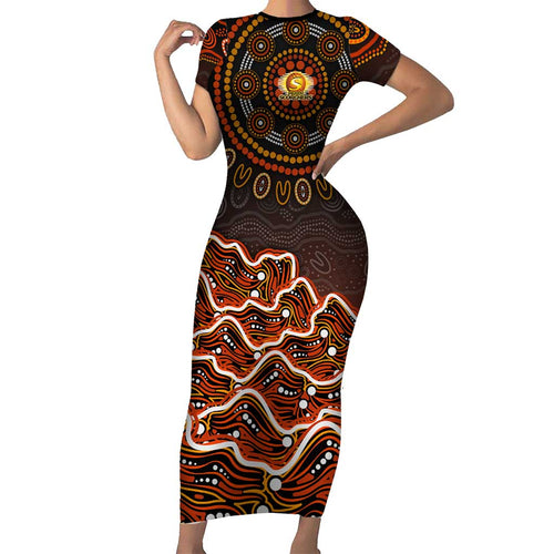 Perth Scorchers Cricket Mascot Family Matching Short Sleeve Bodycon Dress and Hawaiian Shirt Aboriginal Dot Art Orange And Black Tribal Pattern