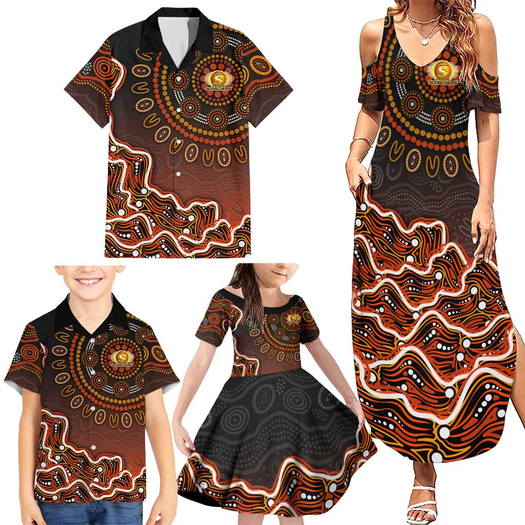 Perth Scorchers Cricket Mascot Family Matching Summer Maxi Dress and Hawaiian Shirt Aboriginal Dot Art Orange And Black Tribal Pattern