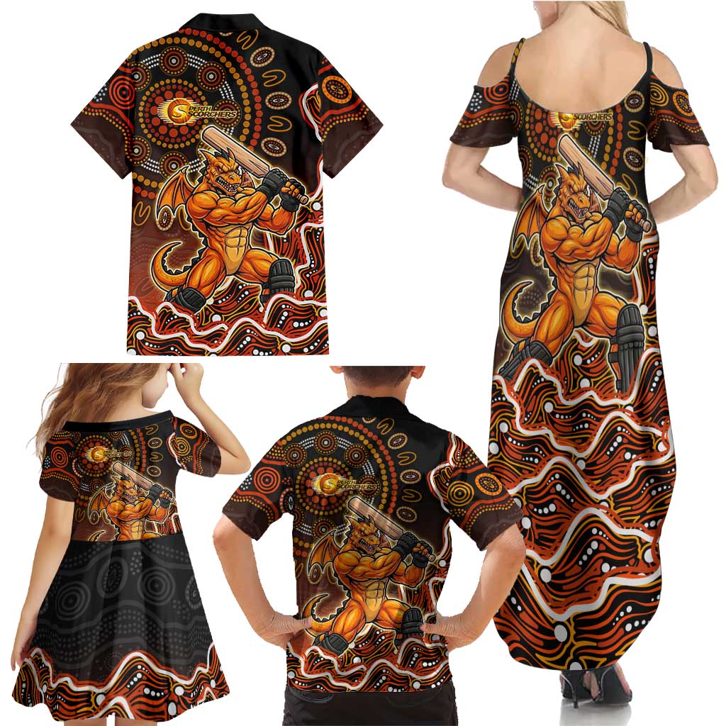 Perth Scorchers Cricket Mascot Family Matching Summer Maxi Dress and Hawaiian Shirt Aboriginal Dot Art Orange And Black Tribal Pattern