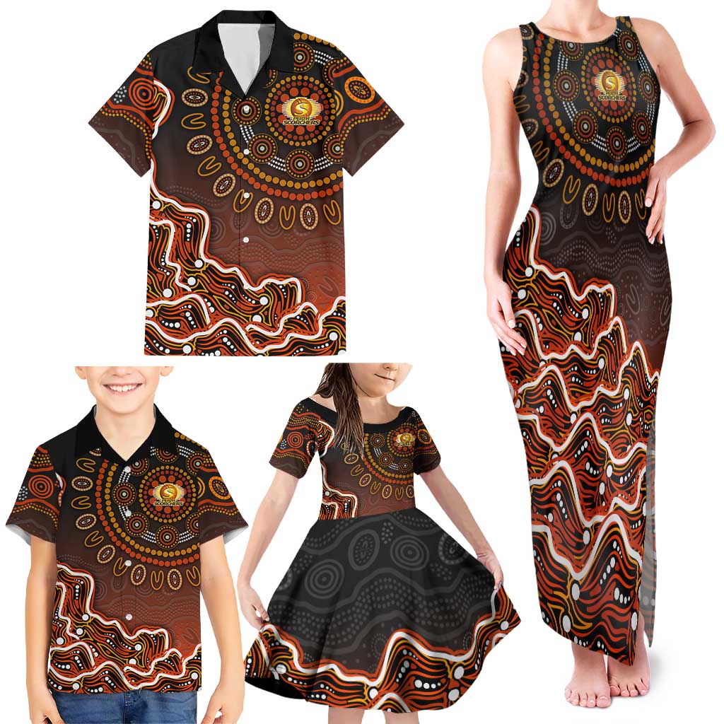 Perth Scorchers Cricket Mascot Family Matching Tank Maxi Dress and Hawaiian Shirt Aboriginal Dot Art Orange And Black Tribal Pattern