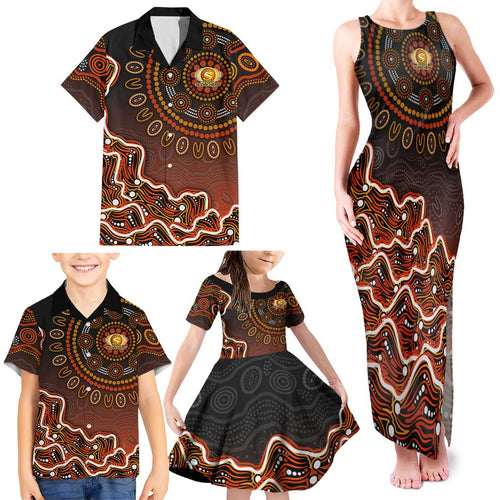 Perth Scorchers Cricket Mascot Family Matching Tank Maxi Dress and Hawaiian Shirt Aboriginal Dot Art Orange And Black Tribal Pattern