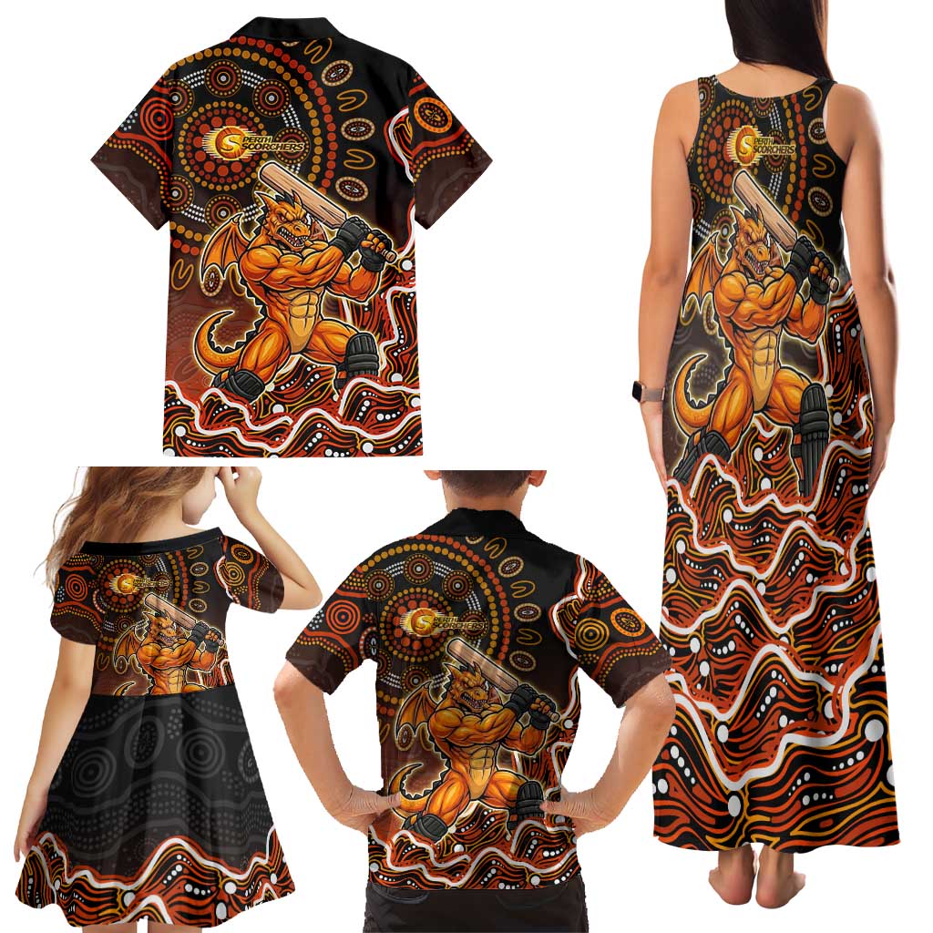 Perth Scorchers Cricket Mascot Family Matching Tank Maxi Dress and Hawaiian Shirt Aboriginal Dot Art Orange And Black Tribal Pattern