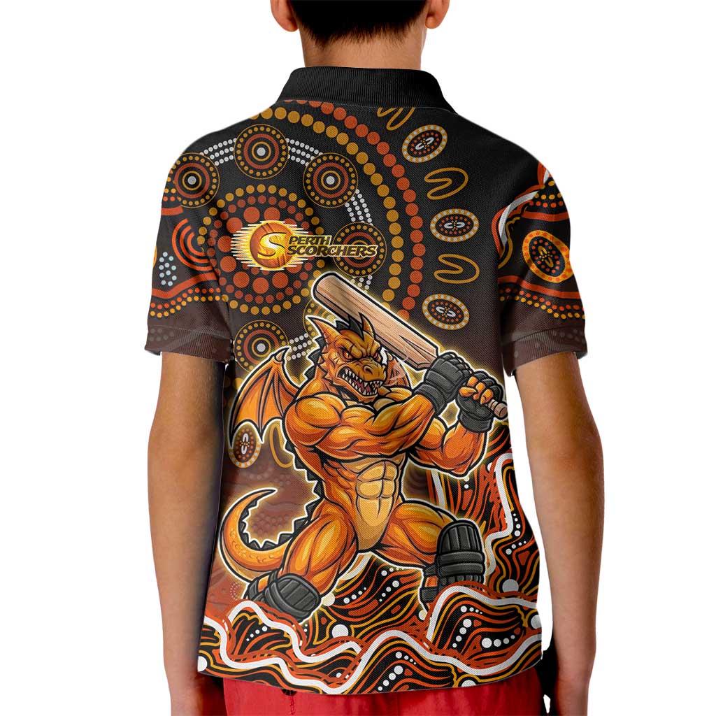 Perth Scorchers Cricket Mascot Kid Polo Shirt Aboriginal Dot Art Orange And Black Tribal Pattern