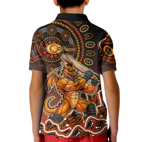 Perth Scorchers Cricket Mascot Kid Polo Shirt Aboriginal Dot Art Orange And Black Tribal Pattern