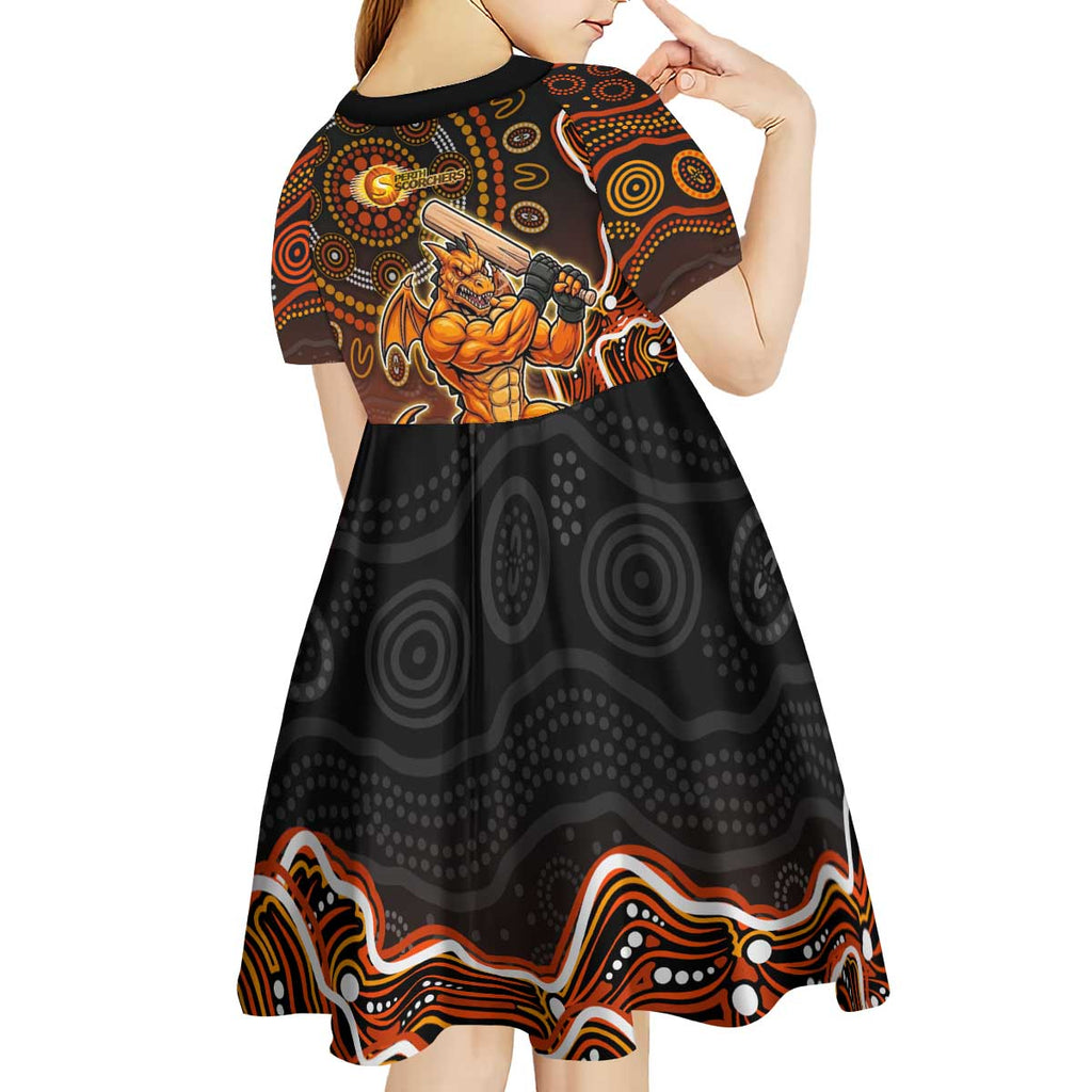 Perth Scorchers Cricket Mascot Kid Short Sleeve Dress Aboriginal Dot Art Orange And Black Tribal Pattern