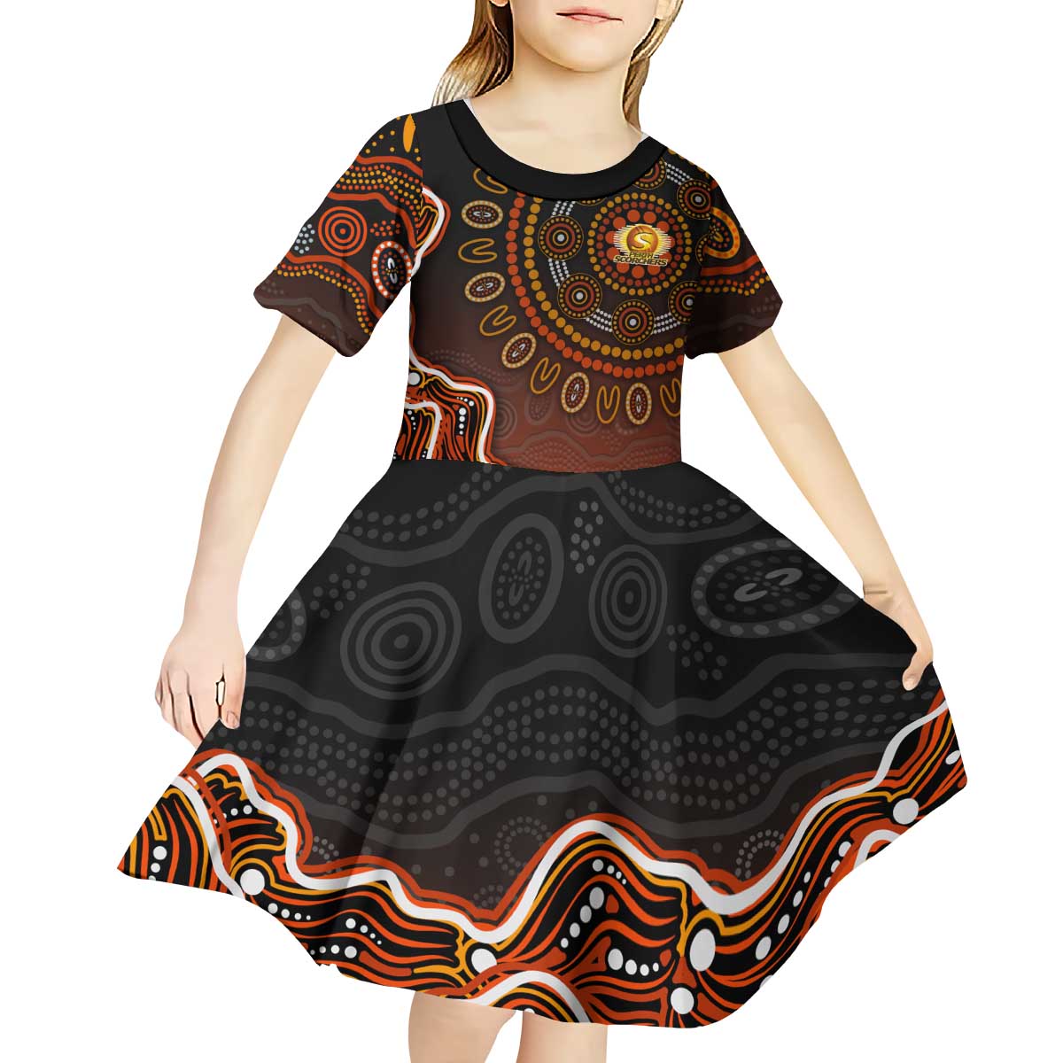 Perth Scorchers Cricket Mascot Kid Short Sleeve Dress Aboriginal Dot Art Orange And Black Tribal Pattern