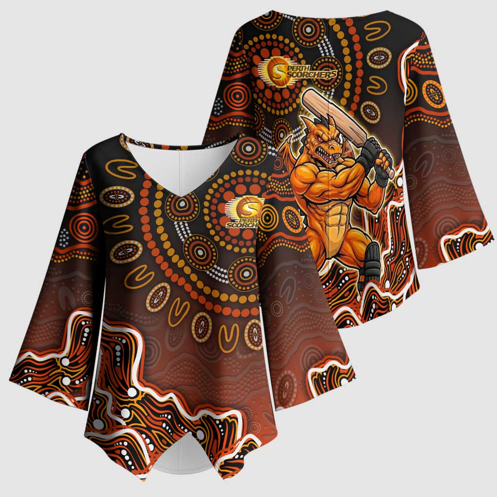 Perth Scorchers Cricket Mascot Kimono Sleeve Blouse Aboriginal Dot Art Orange And Black Tribal Pattern