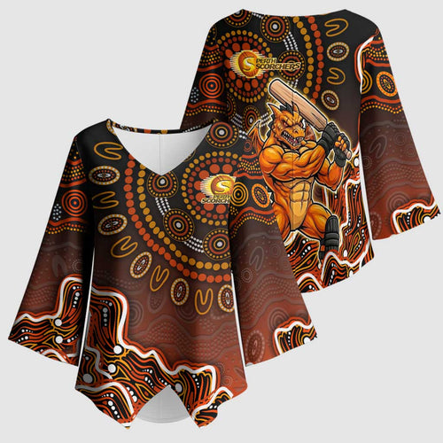Perth Scorchers Cricket Mascot Kimono Sleeve Blouse Aboriginal Dot Art Orange And Black Tribal Pattern
