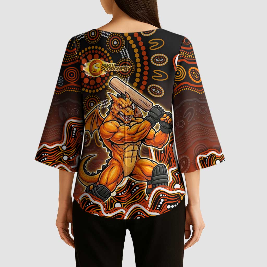 Perth Scorchers Cricket Mascot Kimono Sleeve Blouse Aboriginal Dot Art Orange And Black Tribal Pattern