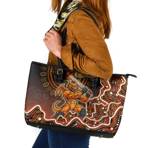 Perth Scorchers Cricket Mascot Leather Tote Bag Aboriginal Dot Art Orange And Black Tribal Pattern