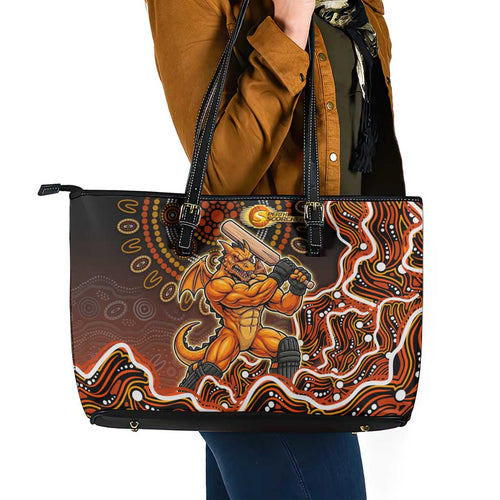 Perth Scorchers Cricket Mascot Leather Tote Bag Aboriginal Dot Art Orange And Black Tribal Pattern