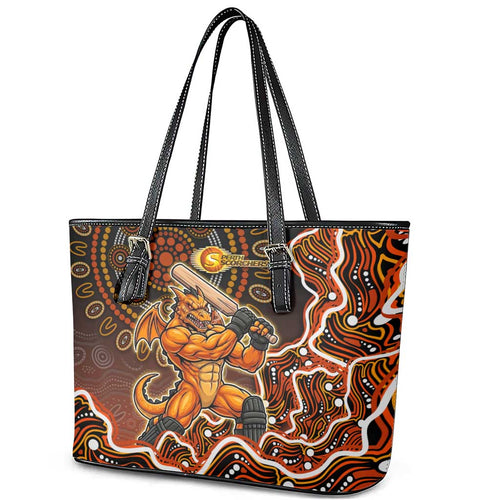 Perth Scorchers Cricket Mascot Leather Tote Bag Aboriginal Dot Art Orange And Black Tribal Pattern