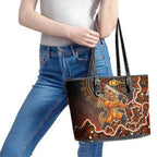 Perth Scorchers Cricket Mascot Leather Tote Bag Aboriginal Dot Art Orange And Black Tribal Pattern
