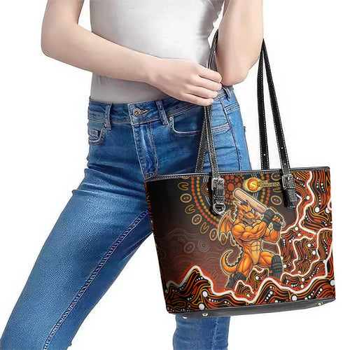 Perth Scorchers Cricket Mascot Leather Tote Bag Aboriginal Dot Art Orange And Black Tribal Pattern