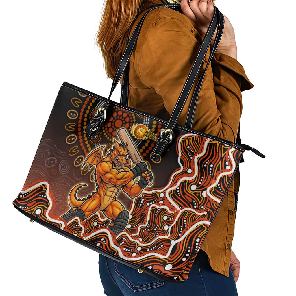 Perth Scorchers Cricket Mascot Leather Tote Bag Aboriginal Dot Art Orange And Black Tribal Pattern