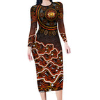 Perth Scorchers Cricket Mascot Long Sleeve Bodycon Dress Aboriginal Dot Art Orange And Black Tribal Pattern