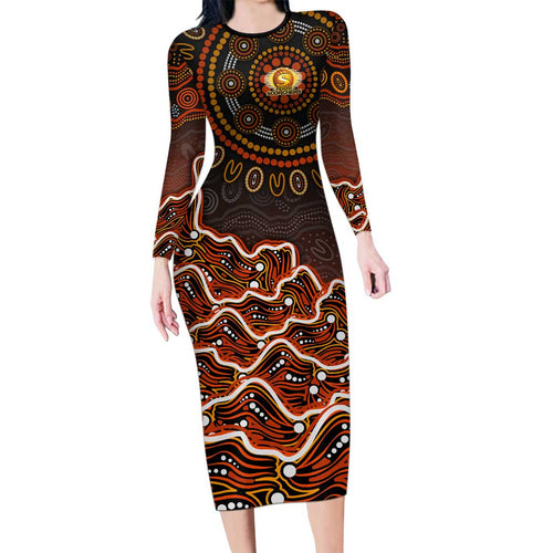 Perth Scorchers Cricket Mascot Long Sleeve Bodycon Dress Aboriginal Dot Art Orange And Black Tribal Pattern