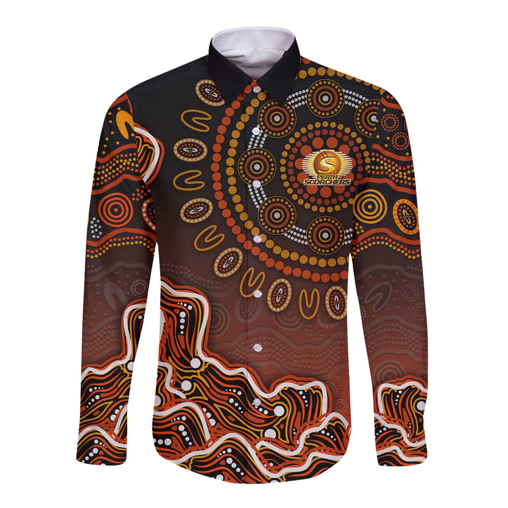 Perth Scorchers Cricket Mascot Long Sleeve Button Shirt Aboriginal Dot Art Orange And Black Tribal Pattern