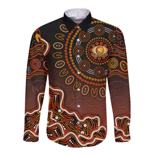Perth Scorchers Cricket Mascot Long Sleeve Button Shirt Aboriginal Dot Art Orange And Black Tribal Pattern