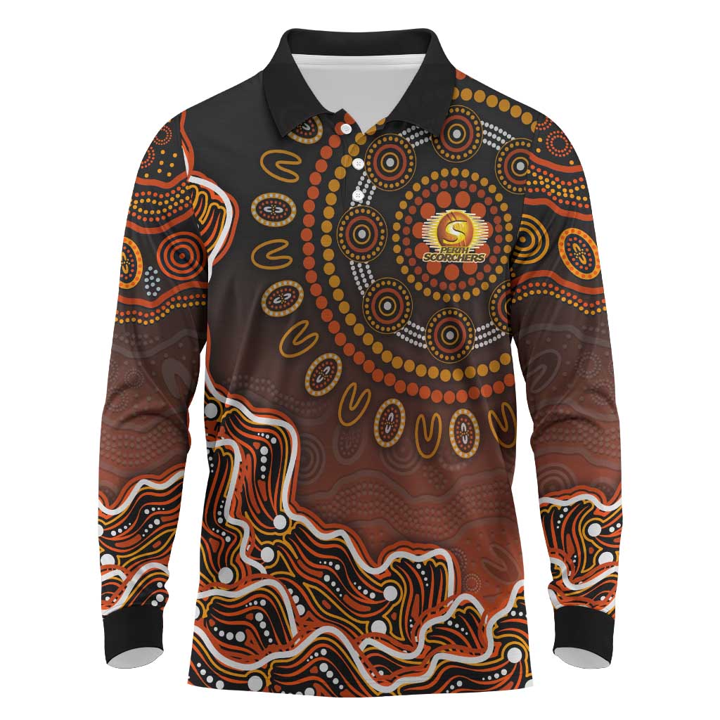 Perth Scorchers Cricket Mascot Long Sleeve Polo Shirt Aboriginal Dot Art Orange And Black Tribal Pattern