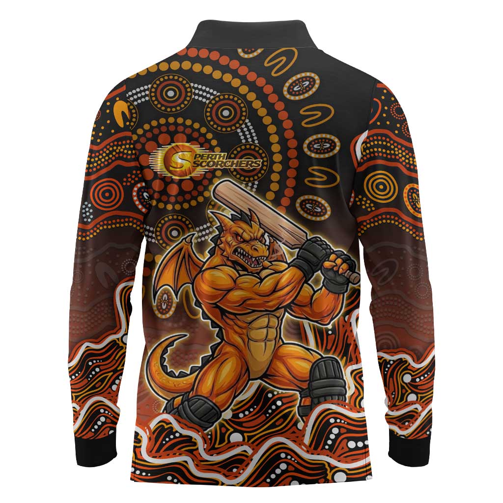 Perth Scorchers Cricket Mascot Long Sleeve Polo Shirt Aboriginal Dot Art Orange And Black Tribal Pattern