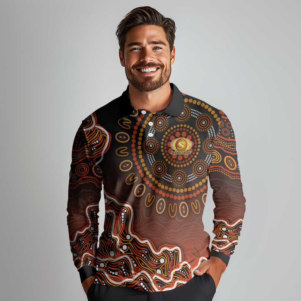Perth Scorchers Cricket Mascot Long Sleeve Polo Shirt Aboriginal Dot Art Orange And Black Tribal Pattern