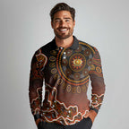 Perth Scorchers Cricket Mascot Long Sleeve Polo Shirt Aboriginal Dot Art Orange And Black Tribal Pattern