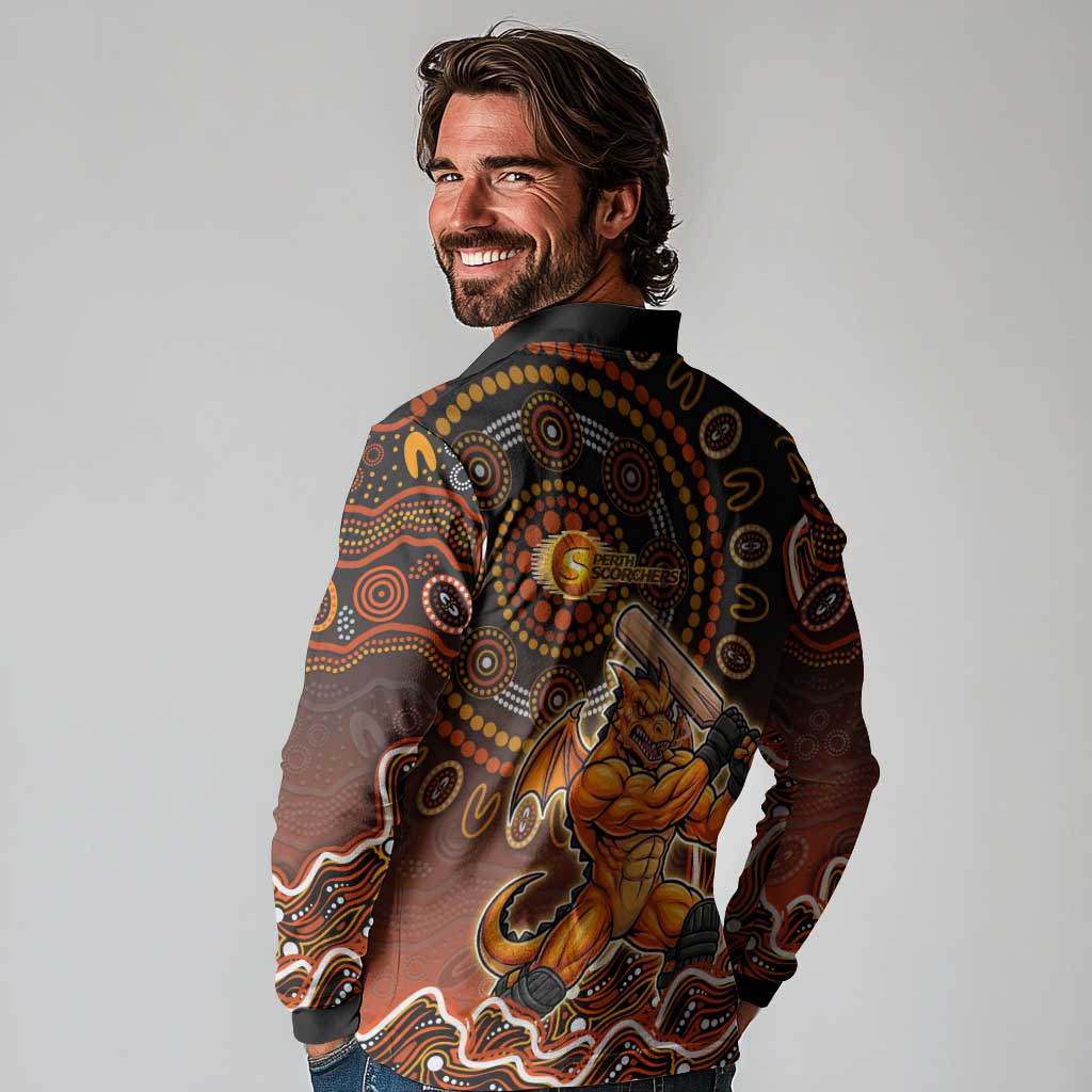 Perth Scorchers Cricket Mascot Long Sleeve Polo Shirt Aboriginal Dot Art Orange And Black Tribal Pattern