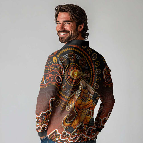 Perth Scorchers Cricket Mascot Long Sleeve Polo Shirt Aboriginal Dot Art Orange And Black Tribal Pattern