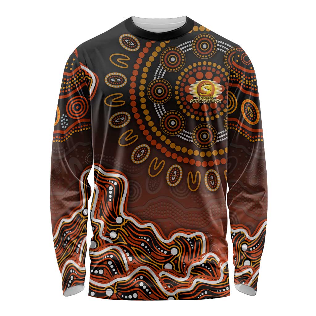 Perth Scorchers Cricket Mascot Long Sleeve Shirt Aboriginal Dot Art Orange And Black Tribal Pattern