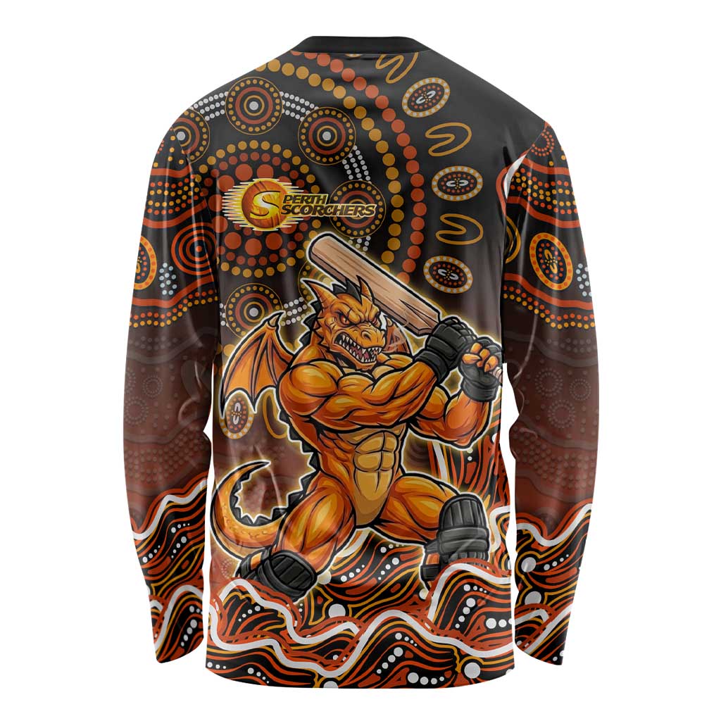 Perth Scorchers Cricket Mascot Long Sleeve Shirt Aboriginal Dot Art Orange And Black Tribal Pattern