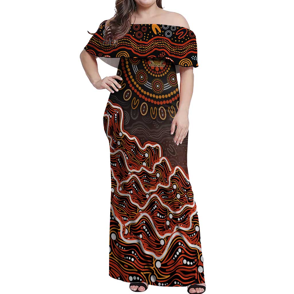 Perth Scorchers Cricket Mascot Off Shoulder Maxi Dress Aboriginal Dot Art Orange And Black Tribal Pattern
