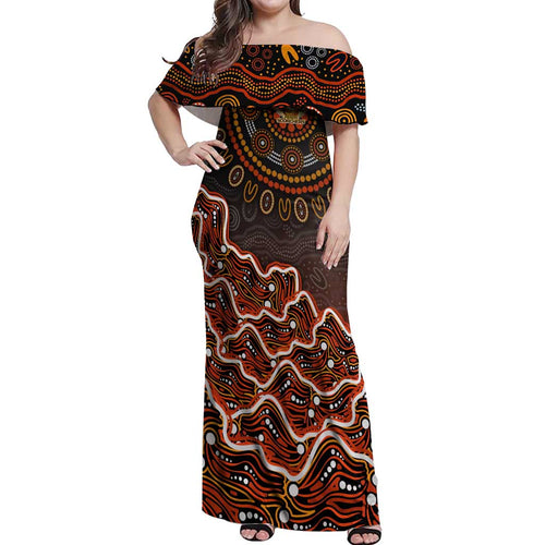 Perth Scorchers Cricket Mascot Off Shoulder Maxi Dress Aboriginal Dot Art Orange And Black Tribal Pattern